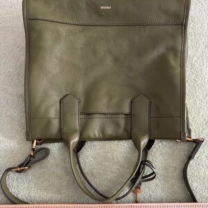 Fossil Olive Green Leather Satchel Crossbody Bag w/ Key Charm NEW